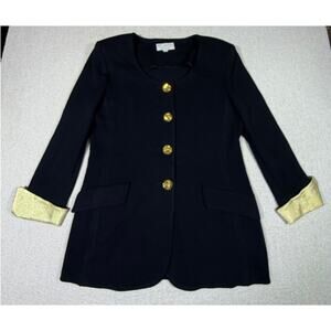 St John Evening Women 14 Black Long Sleeve Sweater Cardigan Gold Jewel Button Up